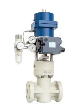 Non-metallic polymer bellow sealed globe type control valve Series N from Techlink, high precision, reliable, resistant to corrosion, more resistant to errosion than metallic valves. The best choice of control valve for highly corrosive fluids and safety assurance.